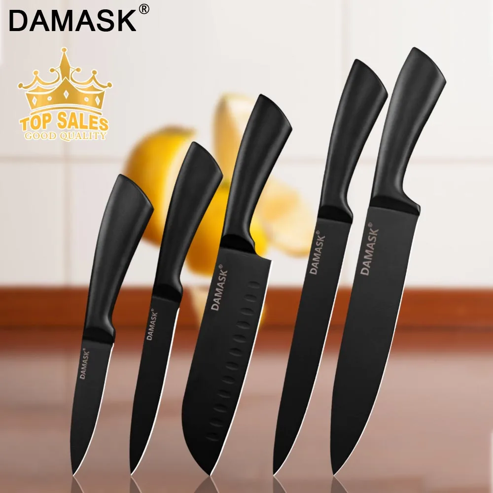 

Damask Japanese Kitchen Knives Non-stick Stainless Steel Knives Set Whole Black Paring Utility Santoku Slicing Chef Cook Cleaver