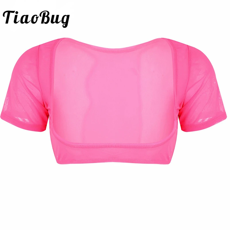 

TiaoBug Women Mesh See Through Sheer Open Bust Short Sleeve Indian Belly Dance Costume Sexy Female Transparent Dance Crop Top