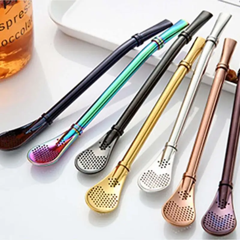 1pc Drinking Reusable Straw With Gourd Bombilla Spoons For Smoothies Juice Tea