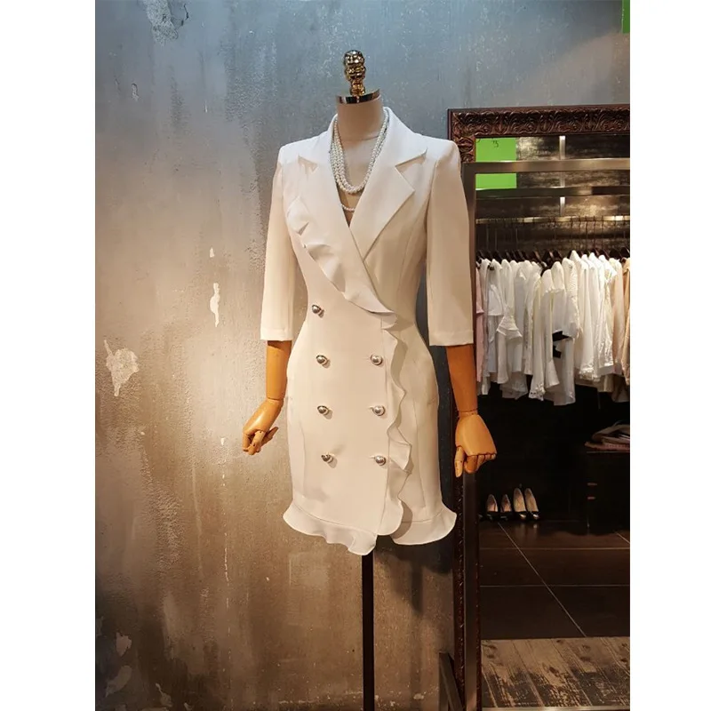 

OL Black White Solid Blazer Dress Women Elegant Ruffle Casual Blazer Jacket Autumn Spring Double-breasted Blazer Dresses Jc2855