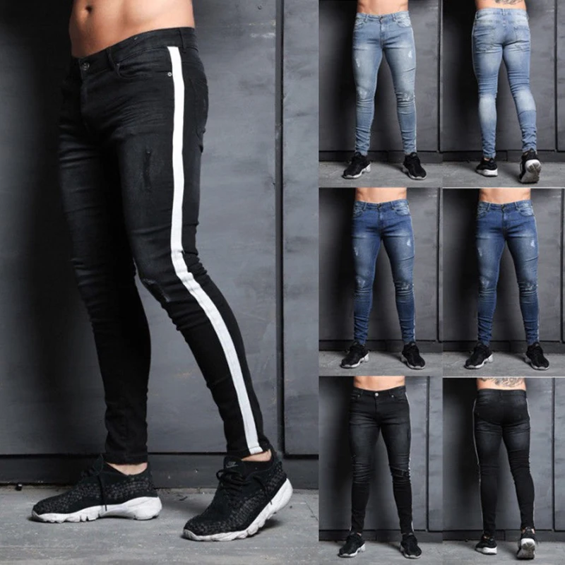 Men ripped hole denim Jeans Slim men's striped Jeans Hip hop Skinny pencil Jeans For Men high street stretch zipper jeans men
