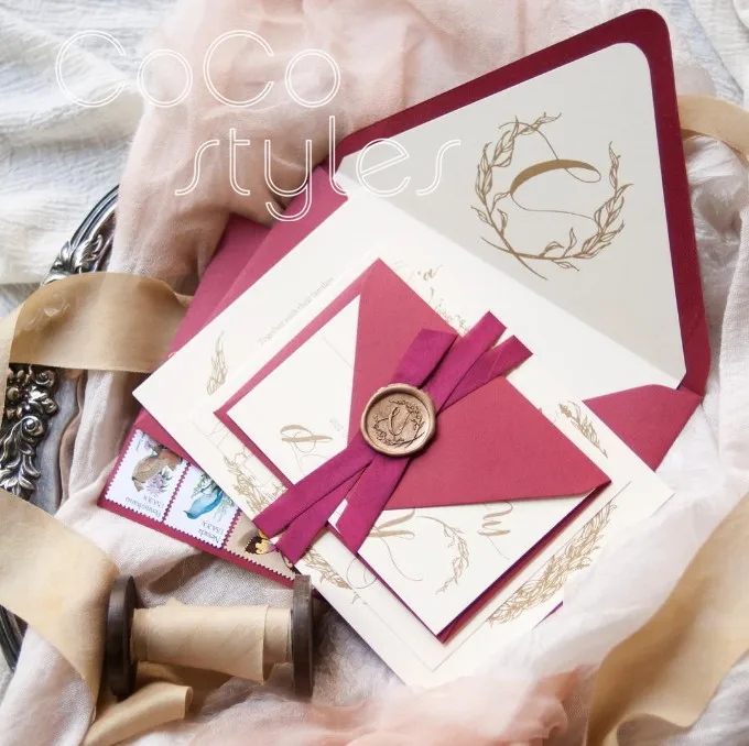  Cocostyles personalized beautiful gold foiling burgundy envelope with match invitation card for all - 32890641355