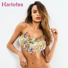 Karlofea, летний роскошный укороченный топ, без рукавов, с цепочкой, бикини, топ с открытой спиной, для пляжа, ночного клуба, вечеринки, дня рождения, блестящие сексуальные топы с блестками