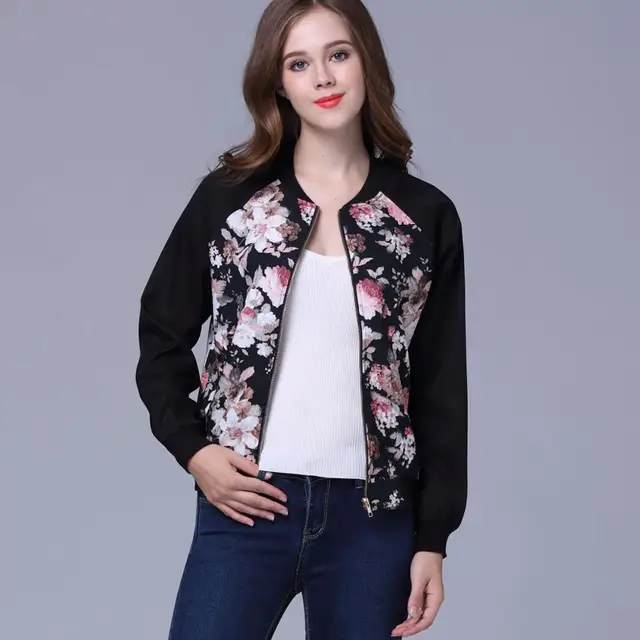 Print Flower Women Jacket Zipper Front Autumn Winter Long Sleeve Female ...