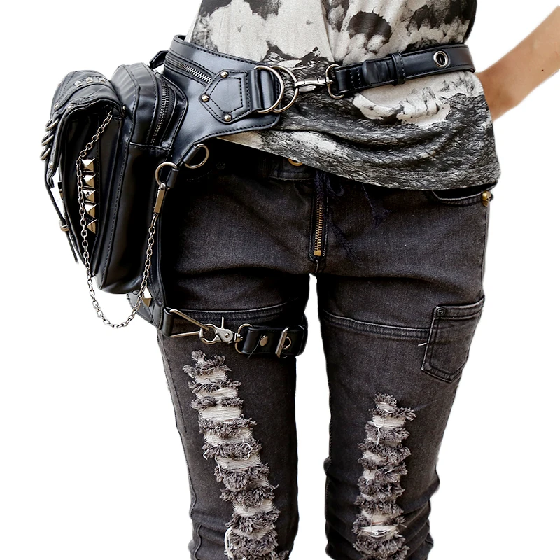 Steampunk Waterproof Men's Cross Body Belt Bag Male Gothic Black Shoulder Messenger Bag New Leather Travel Chest Waist Bags