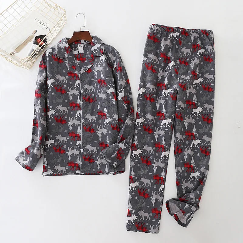 

Winter Leisurely Man Cartoon Cotton Brushed Fabric Pajamas Long Sleeve Trousers Mansleepwear Elk Sleepwear Men Pajama Set 2piece