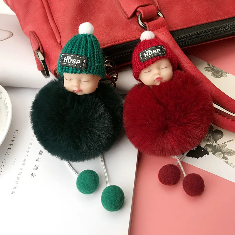 

New Sleeping Baby Doll Pompom Keychain Women Rabbit Fur Ball Pom Pom Key Chain Car Keyring Holder Bag Pendant Charm Porte Clef