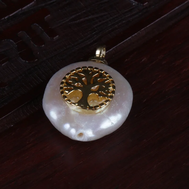 Золотое крошечное Дерево жизни амулеты плоская монета с натуральным белым пресноводным жемчугом подвеска из бисера Шарм Для diy изготовления ювелирных изделий для чокера