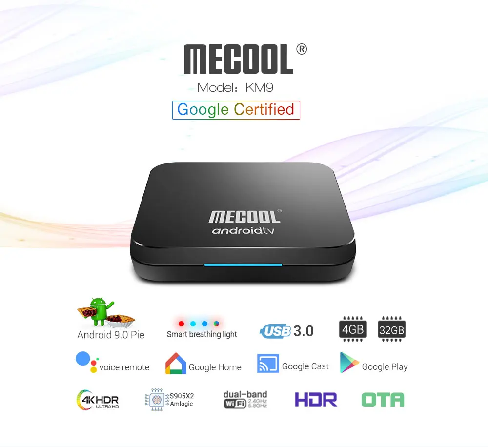 

Google Certified Android 9.0 TV Box Mecool KM9 Pro Amlogic S905 X2 4GB DDR4 32GB 2.4G/5G Dual WiFi USB3.0 BT4.0 4K Google Voice
