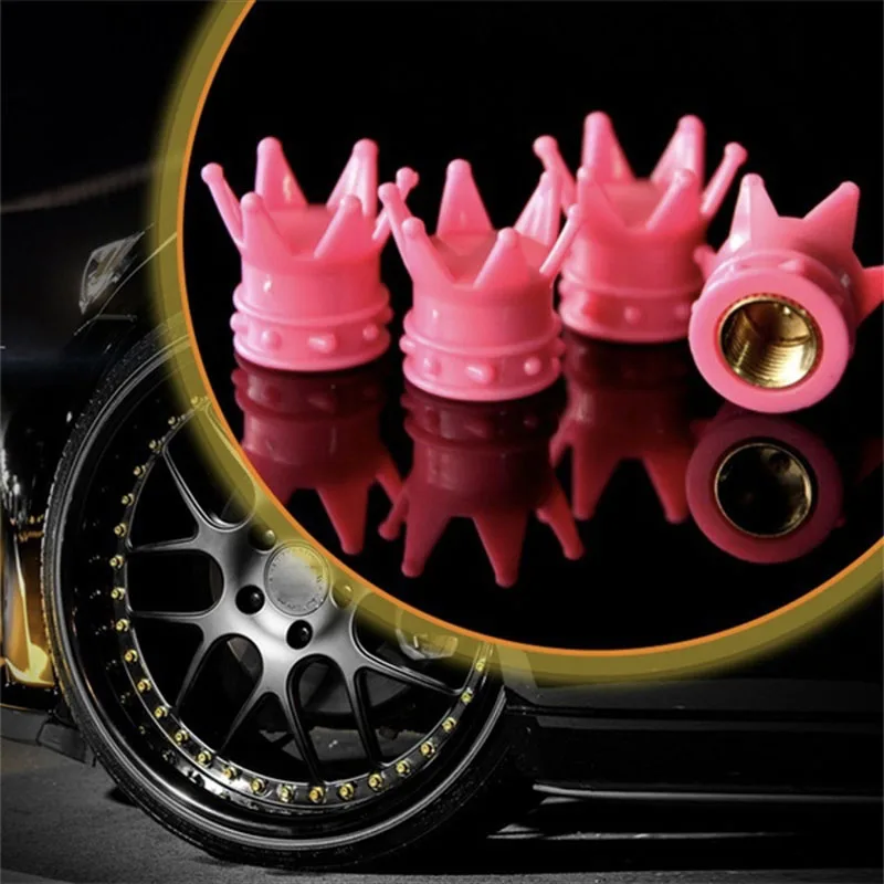 4pcs Pink Universal Crown Style Car Tire Air Valve Stems Cover Caps Wheel Rims