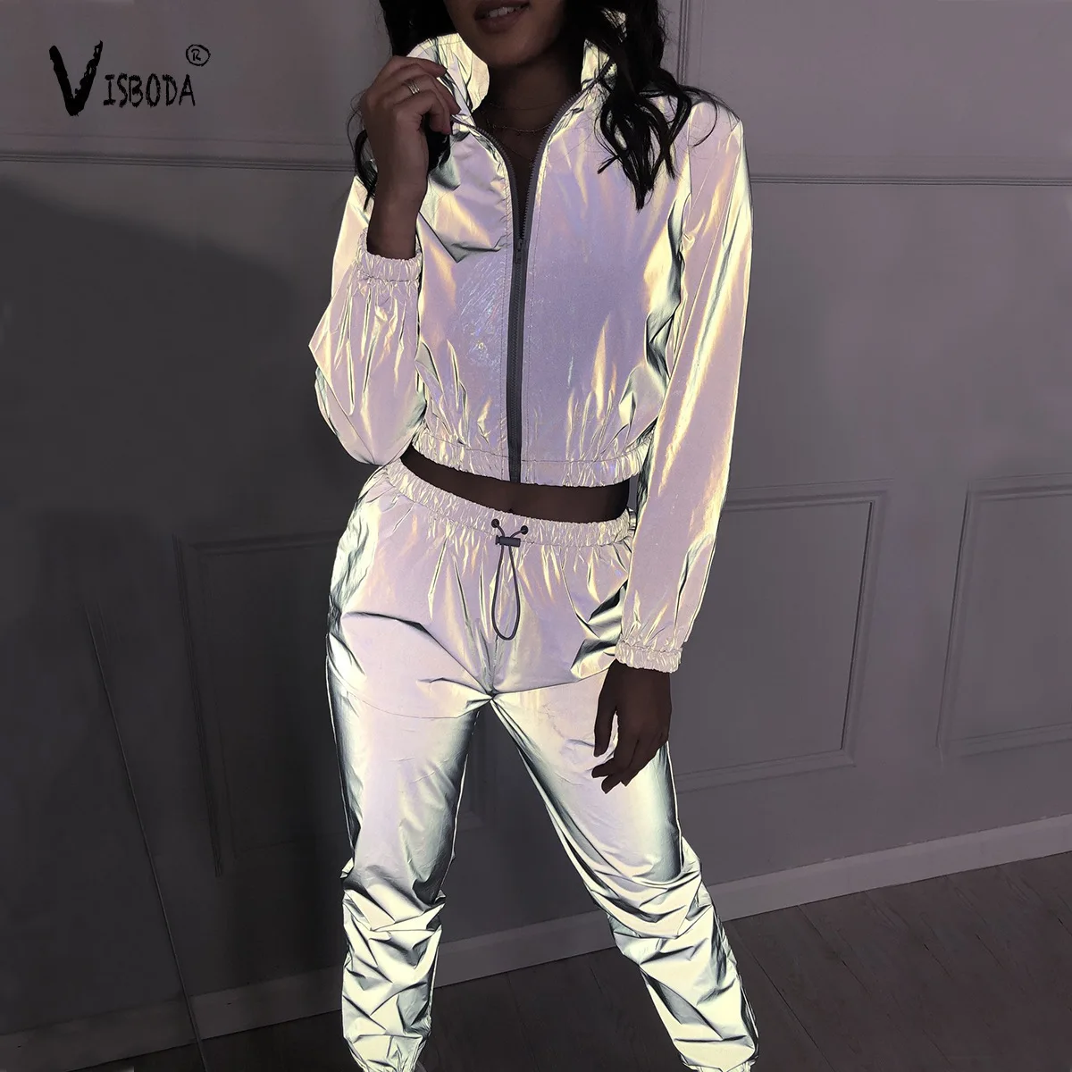 incredible  Women Tracksuit 2 Piece Set Hip Hop Reflective Crop Top Pants Fashion Female Loose Zipper Jacket Co