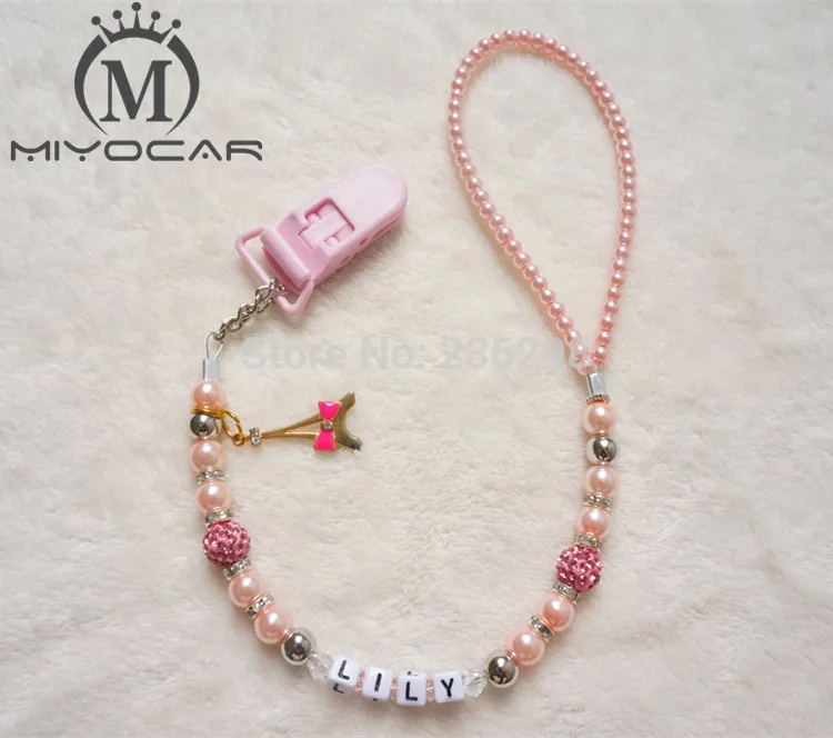 

2015 New Hand made pink Shiny Crystal beads pacifier clips dummy clip holder chain DC045