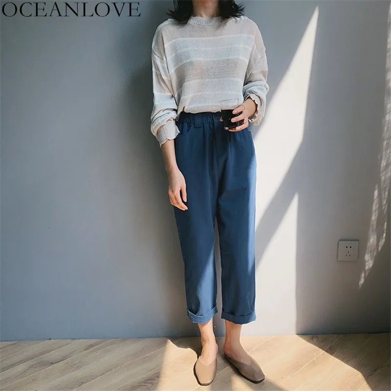 OCEANLOVE All Match Solid New Ankle-length Pants Zipper Fly 2020 Summer Women Korean Fashion Elastic Waist Bottoms 11452 | Женская
