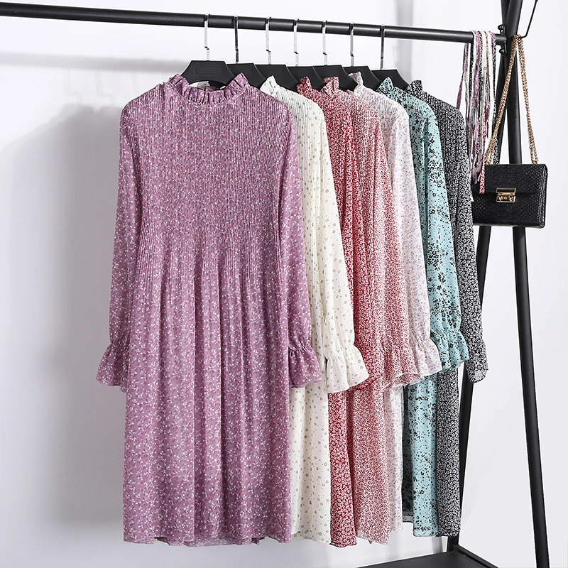 

New Women Spring Printed Dresses Spring Summer Long Sleeve Chiffon Dress Casual High Waist Ruffles Flare Sleeve Dress Female