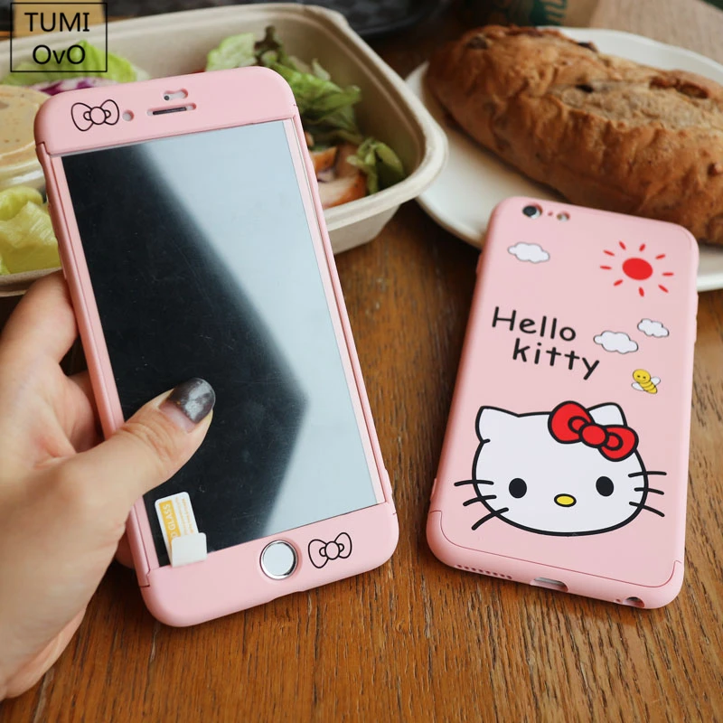 Beste 3 in 1 Full Body Cover Bescherm Glas Case Voor iPhone 6 6 s 7 8 Plus X Xs Cartoon hello Kitty Hard PC Scrub Gevallen Back Telefoon