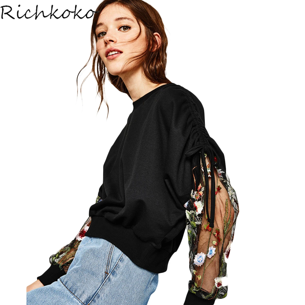 Richkoko Women Black Casual Lace Sweatshirt Embroidery Patchwork Semi