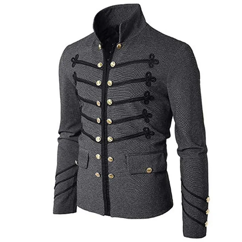 dark gray Винтажная Мужская Готическая куртка в стиле стимпанк, туника в стиле рок, униформа для мужчин в стиле ретро, панк, приталенный костюм, металлический военный пиджак, верхняя одежда - Цвет: dark gray