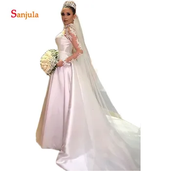 

Lace High Neck Wedding Dresses Sheer Tulle Long Sleeve Bride Wedding Gowns White Satin Church Bridal Wedding Wear Beaded D817