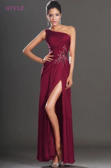 

Burgundy Evening Dresses 2019 Sheath One-shoulder Chiffon Beaded Slit Plus Size Long Evening Gown Prom Dresses Robe De Soiree