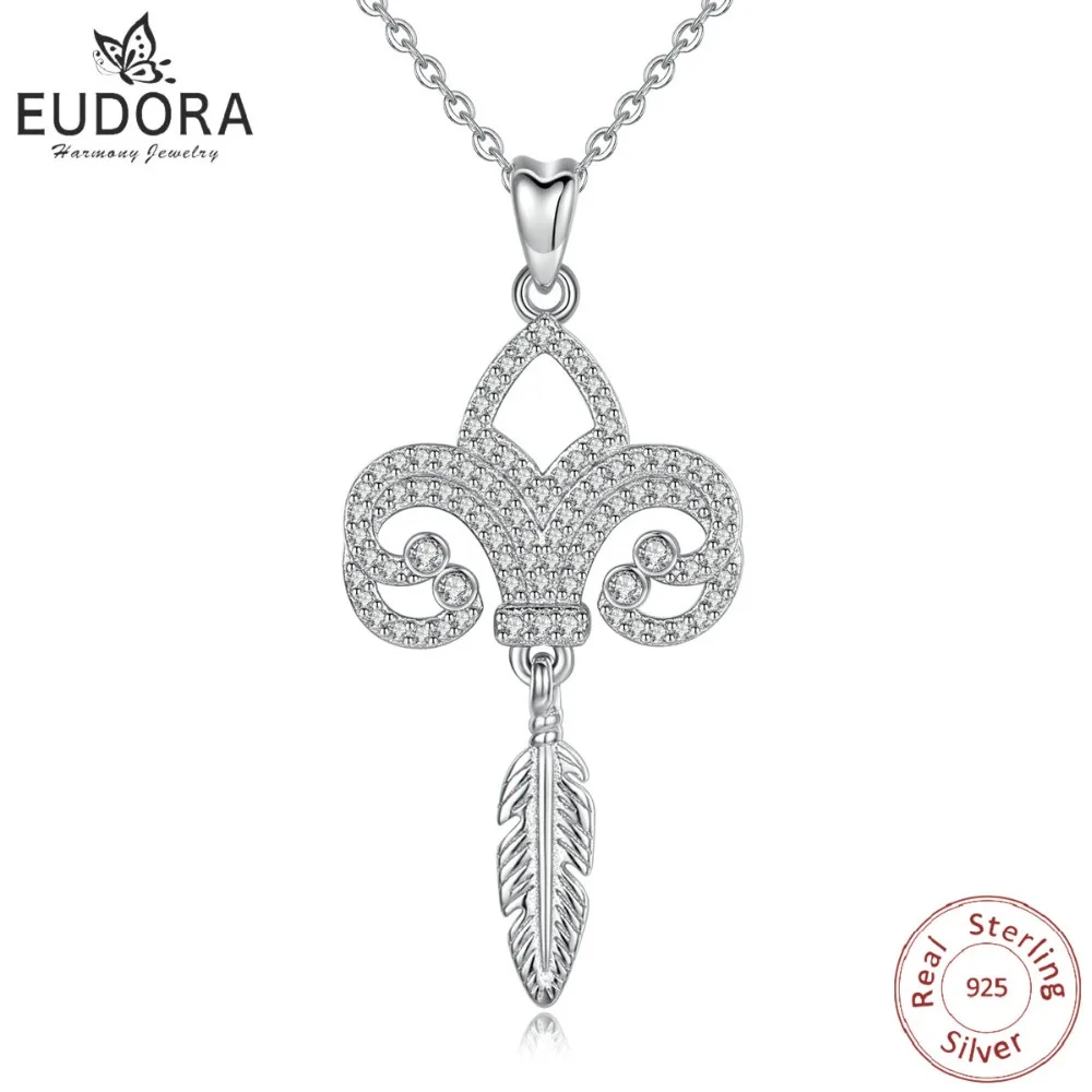 Юдора 925 пробы серебро белый CZ цветок лилии и перо Tassel Pendant Цепочки ожерелья