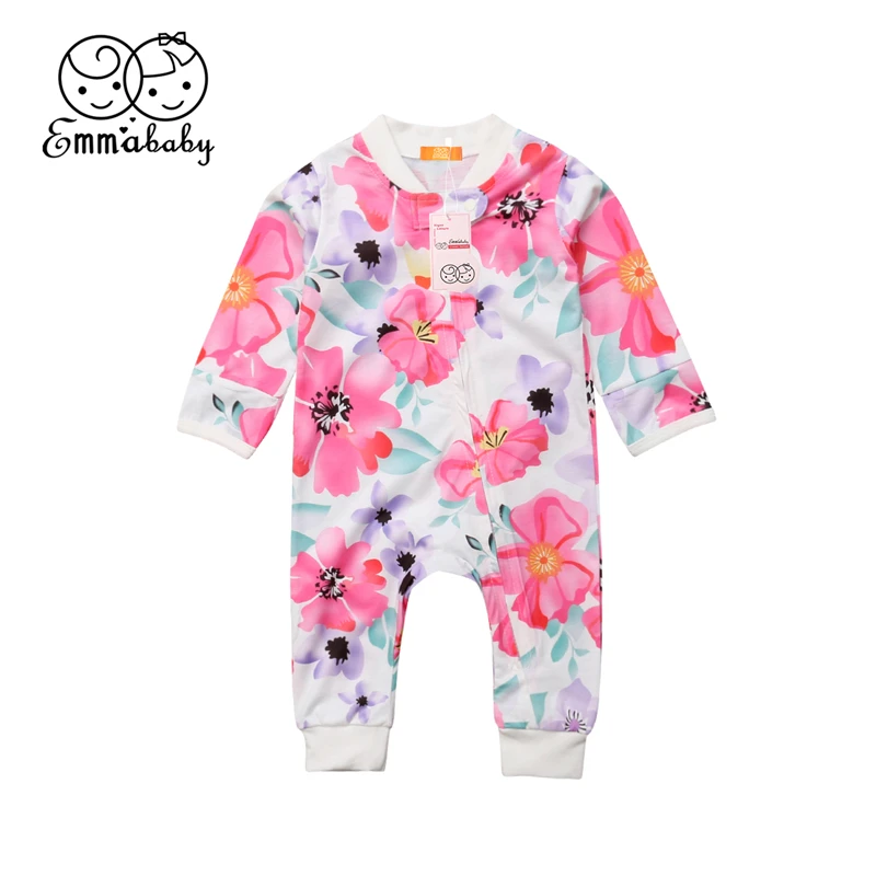 

Newborn Baby Girls Romper Autumn Infant Toddler Kids Long Sleeve Floral Zipper Romper Jumpsuit Outfit Nightwear Pajamas Clothes