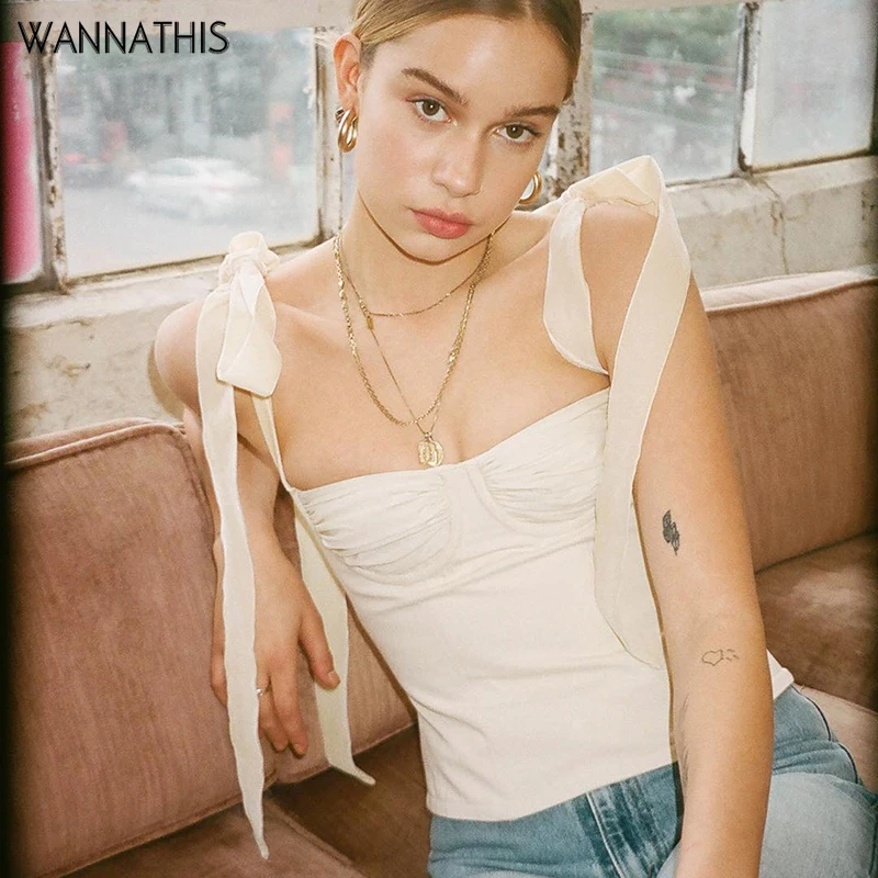 

WannaThis Spaghetti Strap Slash Neck Chiffon Camisole Women Sleevesless Casual Camisole Ruffles Backless BOW Bandage Crop Top