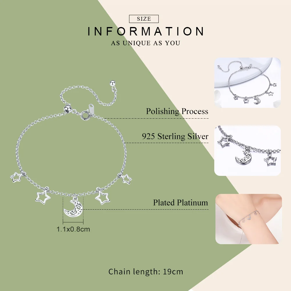 Beste WOSTU Hot Koop Real 925 Sterling Silver Stars Moon Chain Verstelbare Armband Voor Vrouwen Meisje S925 Zilveren Sieraden Gift CQB107
