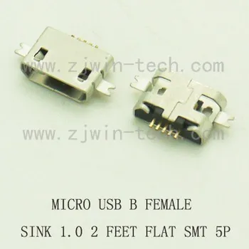 

10pcs/lot Micro USB connector B type female jack sink 1.0 SMD 5Pin 2FEET FLAT MOUTH