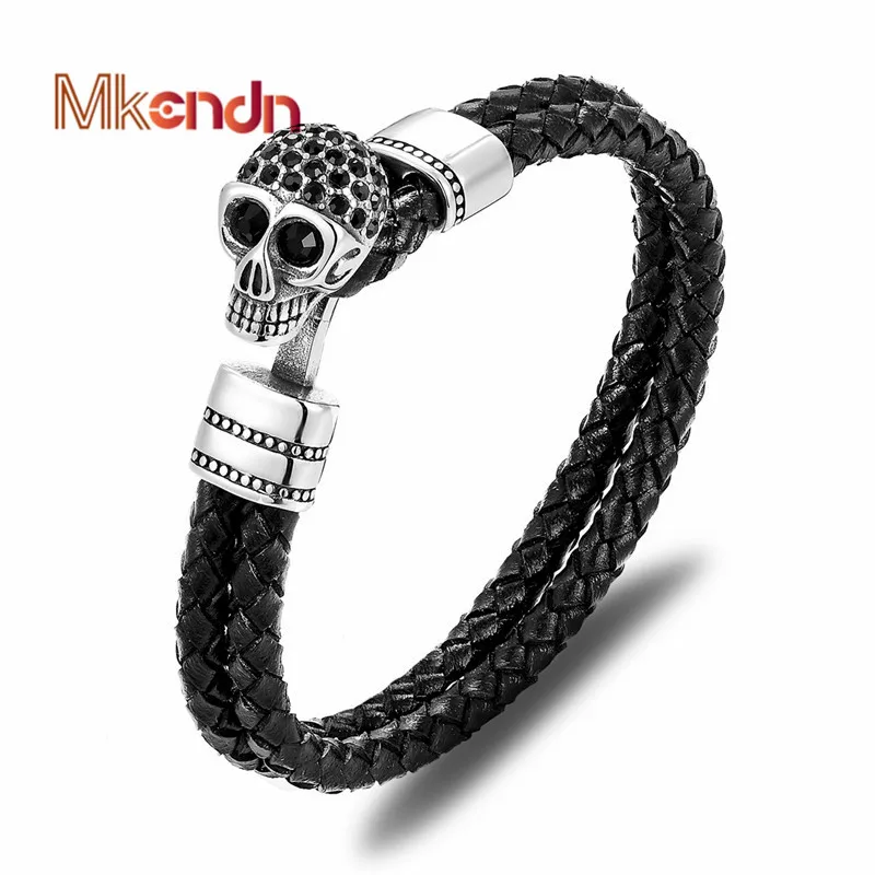 

MKENDN High Quality Skull Stainless Steel Easy-Hook Shackles Black Leather Bracelet Men Wristband Punk Jewelry Pulseras