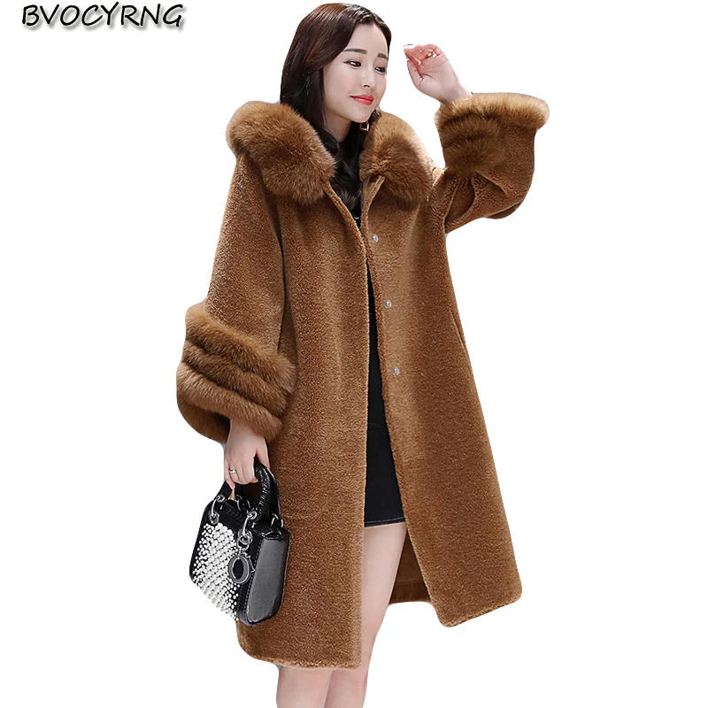 

2017 Fashion Plus Size Women Autumn Winter Coats New Winter Wool Coat Female Medium Style Loose Fox Hat Fur Jacket Ladies Q760