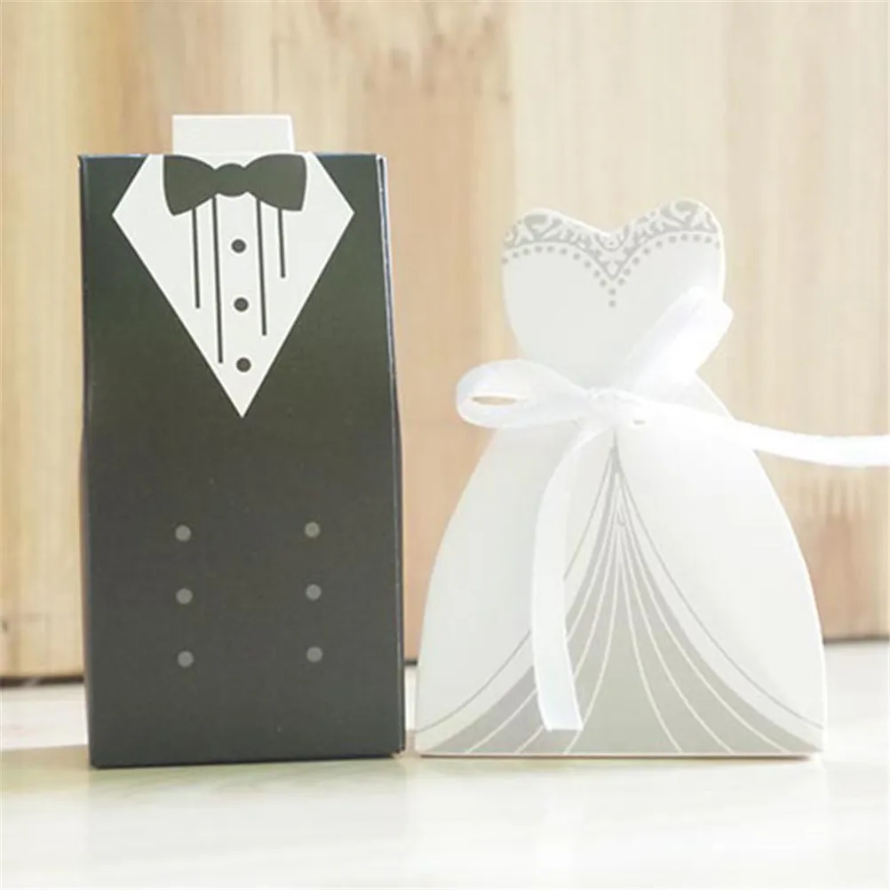 10Pcs/set Groom Tuxedo Dress Gown Ribbon Wedding Favor Candy Box Wedding Gifts Case Bag Wedding Party Decor