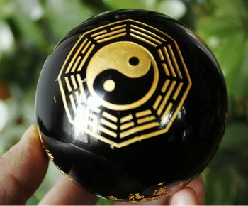 

75 mm Black Obsidian Crystal Tai Ji Eight-Diagram Tactics Disk Sphere Ball