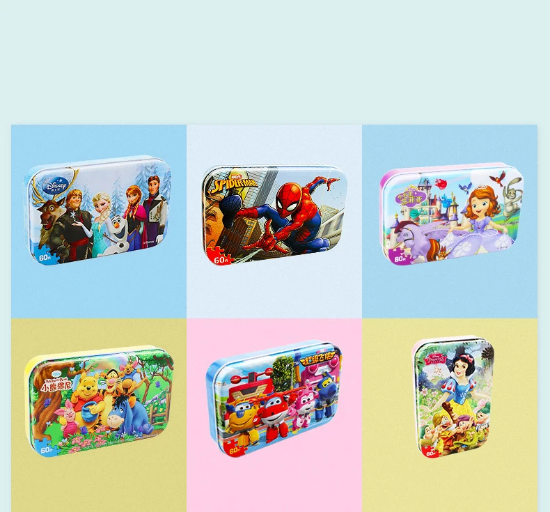 Disney Iron Box Puzzle Wooden Toys Early Learning 60 Pieces Mickey Ice Snow Princess Sophia Racing Puzzle