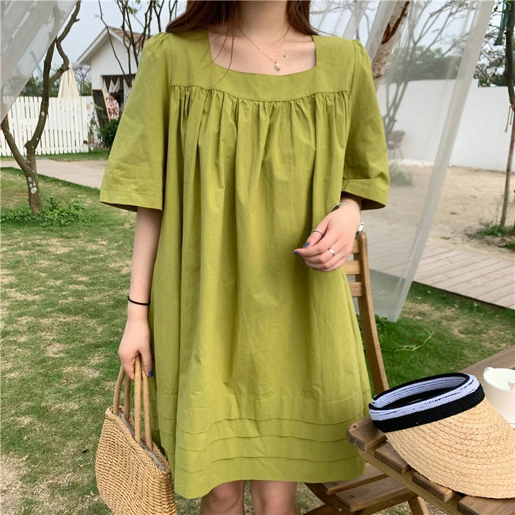 

2019 New Women Korean Clothes Vintage Square Collar Short Sleeve Loose Dresses Sweet Woman Summer Casual Doll Dress