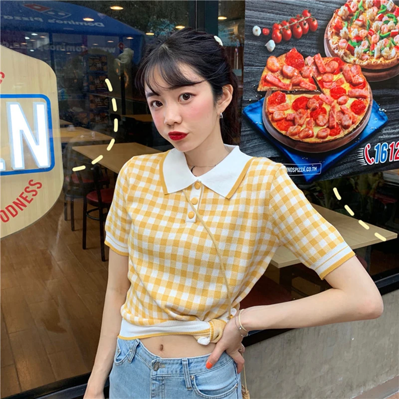 

preppy style casual T-Shirts fashion brand women T-shirt streetwear tees turn-down collar tops yellow white plaid vetement femme