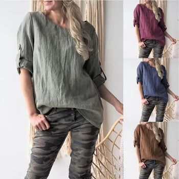 

Plus Size Cotton Linen O-neck Women Shirt Top Solid Long Roll Sleeve Vintage Woman Blouses 2020 Summer Fashion Loose Female Tops