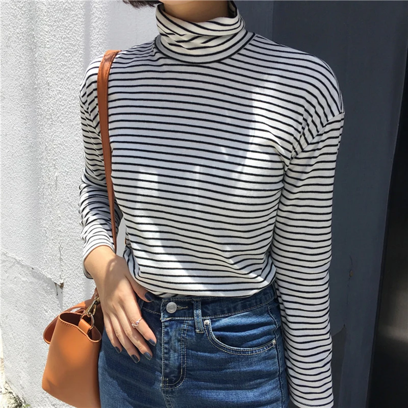 

Korean long sleeved T-shirt winter fashion ulzzang large size render female striped turtleneck casual Harajuku Free shipping