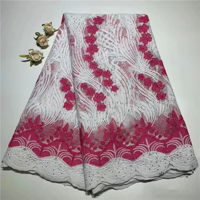 

Rose red High Quality Nigeria Wedding African Lace Fabric With Stones Embroidery African French Tulle Lace Fabric(TS-4-19