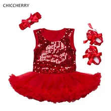 Красный Блестящий блестка день Святого Валентина наряд кружевное платье-пачка повязка на голову детские пинетки для младенцев пачка платье на день рождения для маленьких девочек одежда