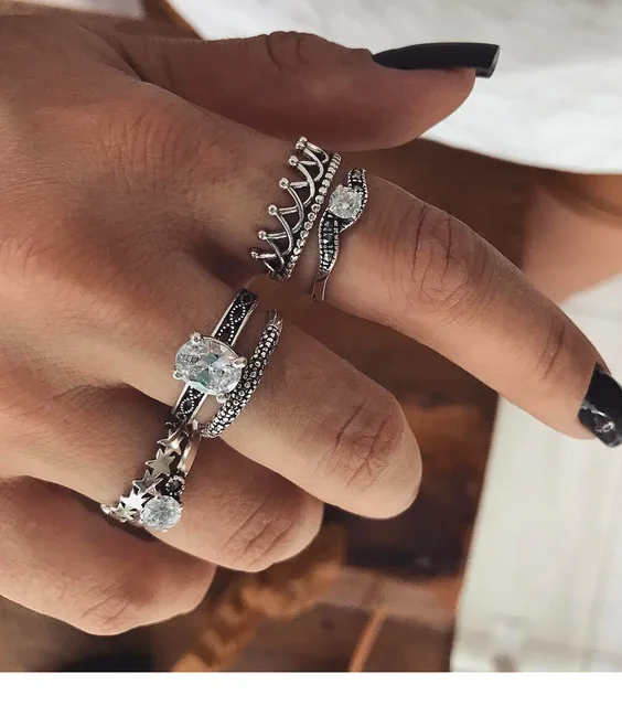 WLP Bohemia punk ethnic crown stars cross crystal ring set , 6 piece ring Boho F WLP Bohemia punk ethnic crown stars cross crystal ring set , 6 piece ring Boho F