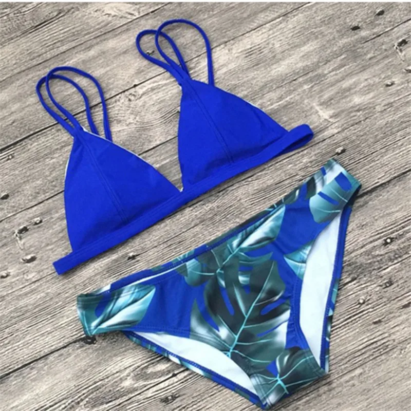 Необычный летний женский цветочный пляжный комплект бикини с принтом, бандаж, одежда для плавания, купальник, сексуальный бразильский купальник, женский пляжный бикини, 2 шт - Цвет: Синий