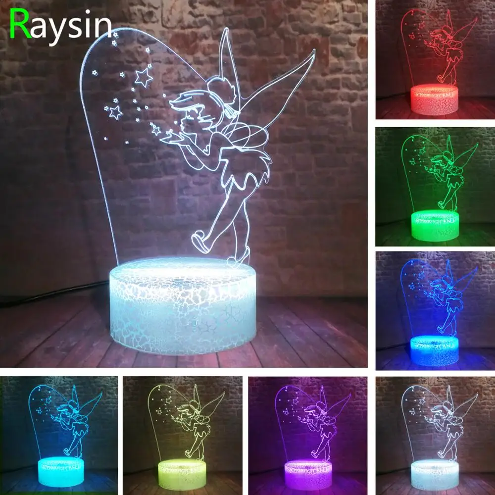 

2019 Rare Peter Pan Fairy Elf Tinker Miss Bell 3D Snowflake Tinkerbell Princess 7 Color Change Crack Base Night Light Girls Gift
