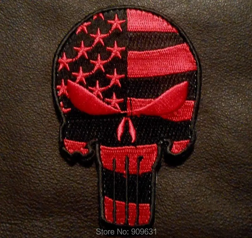 PUNISHER SKULL USA WAVING FLAG ARMY MORALE TACTICAL BLACK OPS RED VELCRO PATCH  2.4-3.5
