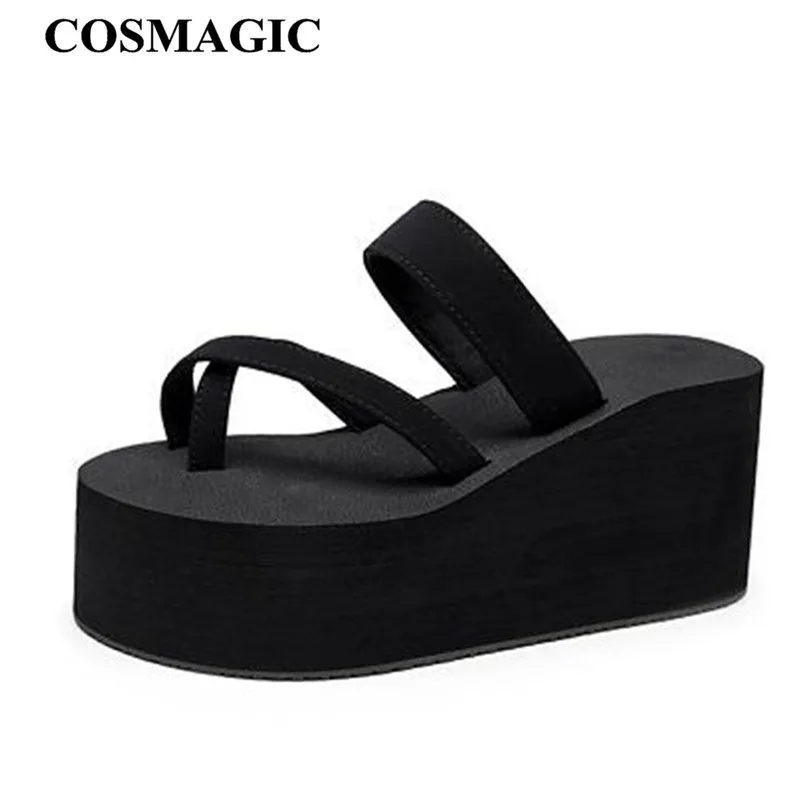 

COSMAGIC Fashion Platform Black Wedge Slipper 2019 New Women Summer Casual Beach Handmade Waterproof Solid High Heel Slide