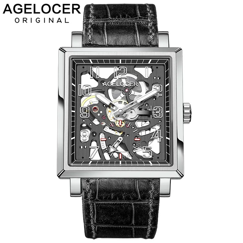 

AGELOCER Swiss Design Sapphire Hollow Engraving Black Leather Square Skeleton Mechanical Watches Men Luxury Brand Heren Horloge