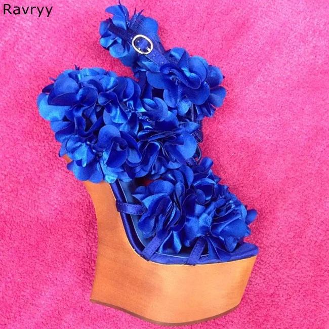 

2018 Summer fashion Blue Flowers Woman sandals Strange Style Heel Sexy Pumps female dress shoes cool Catwalks show shoes