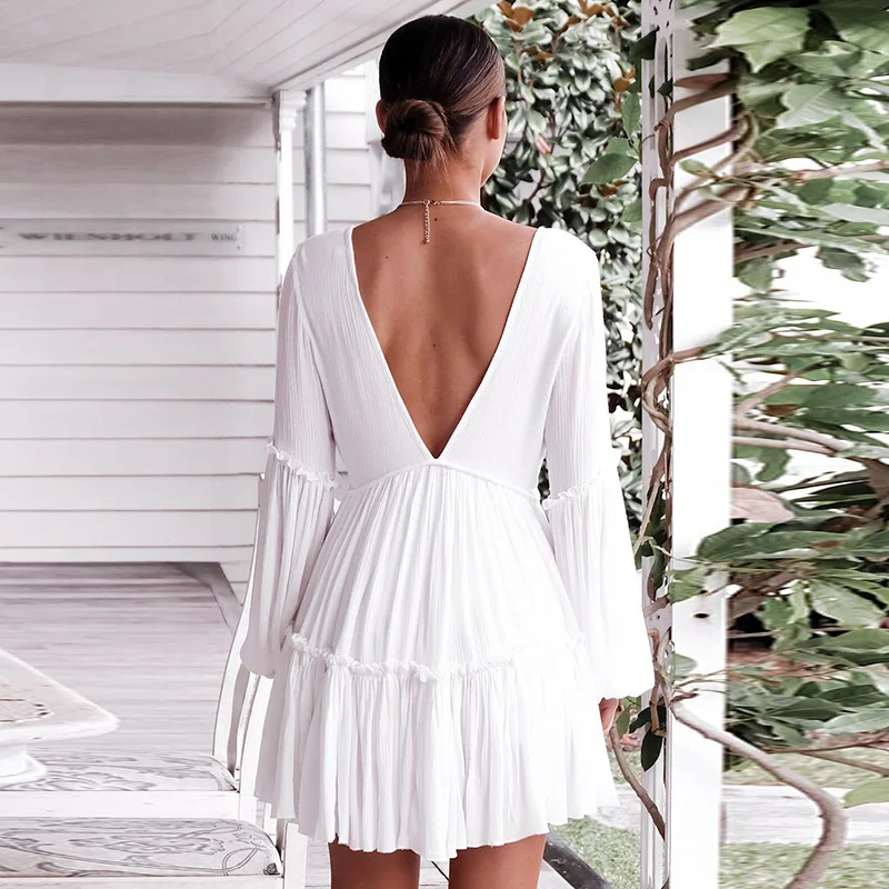 Ordifree летнее женское свободное короткое платье с длинным рукавом сексуальные с открытой спиной белые туники пляжное платье