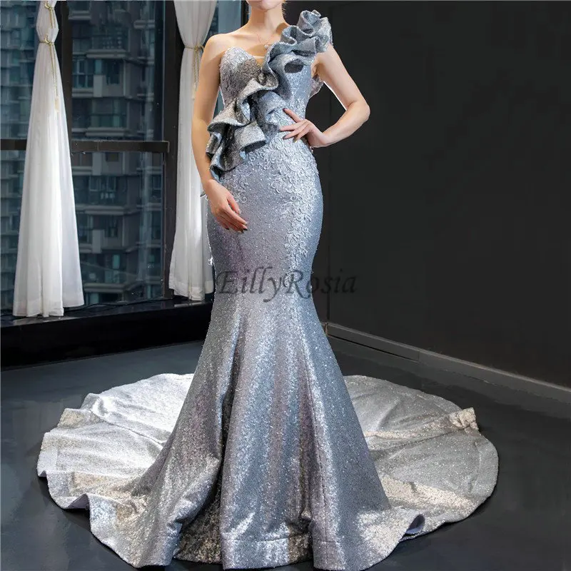 

Sparkle Mermaid Silver Evening Dresses One Shoulder Ruched Sequined Lace Appliques Elegant Evening Dinner Gowns abiti cerimonia