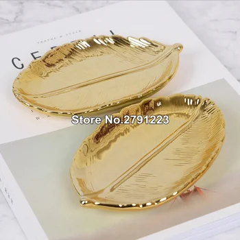 

Decorative Gold Leaf Ceramic Plate Dish Porcelain Candy Trinket Dish Jewelry Fruit Serving Tray Storage Plate Crockery Tableware