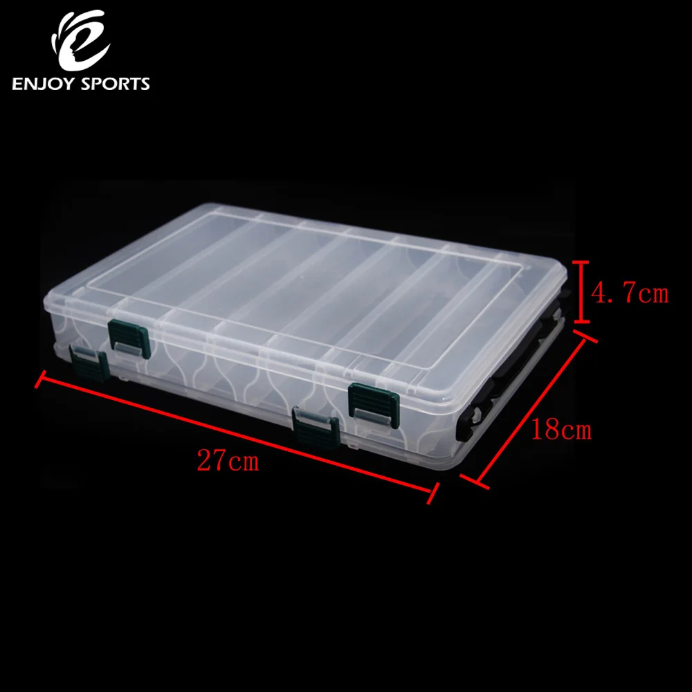 27*18*4.7CM Double Sided Transparent Visible Plastic Fishing Lure Box 14 Compartments with Drain